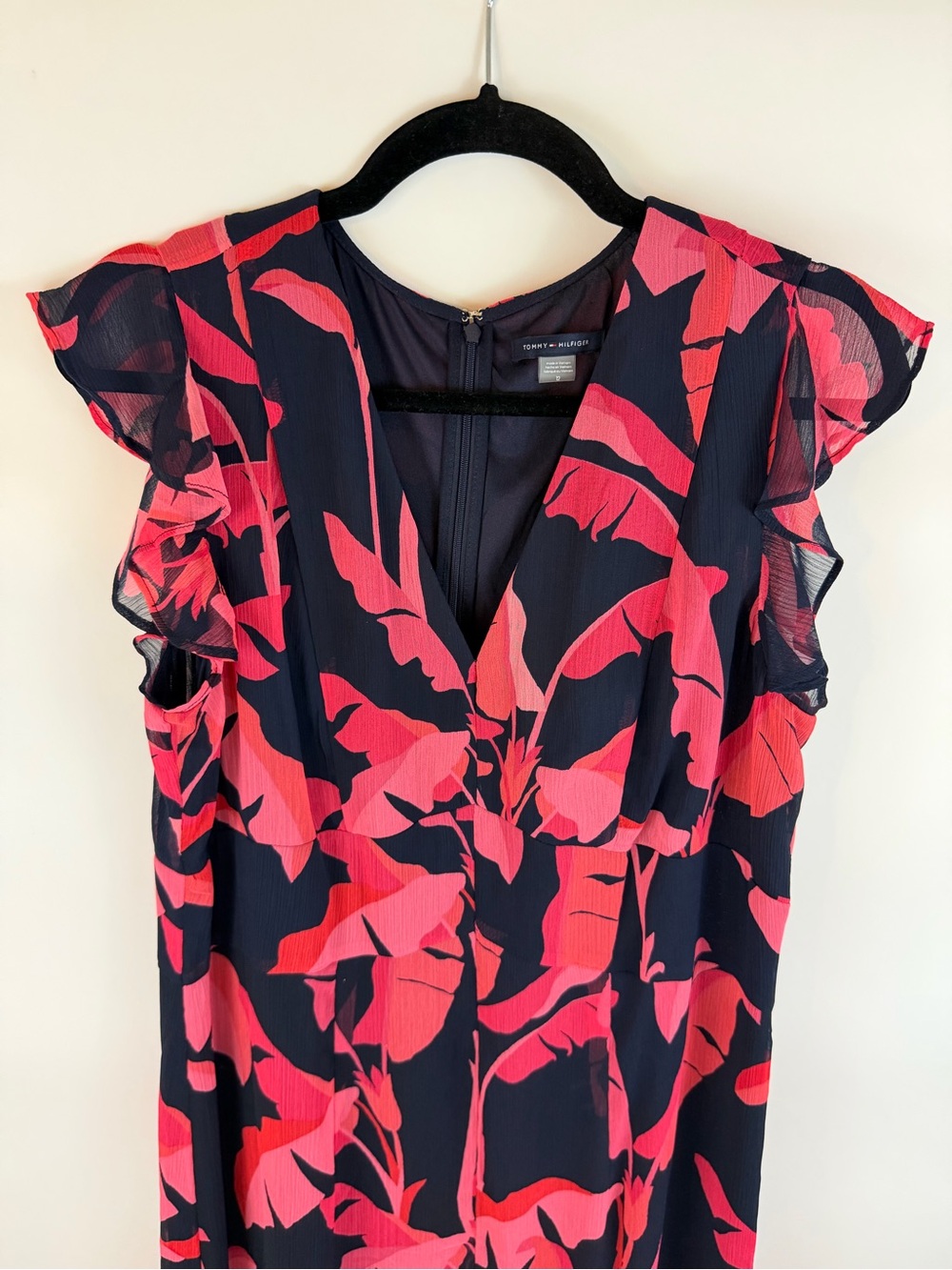 Tommy Hilfiger Floral Print Ruffle Sleeve Dress Navy Pink Red Size 12 - Picture 4 of 9